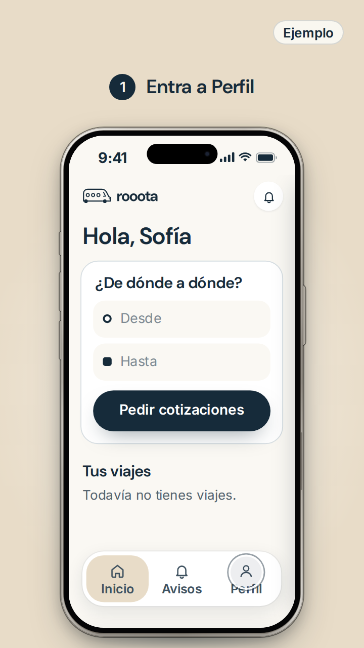 Paso 1, ejemplo de la app: la pantalla Inicio, con el toque en Perfil, abajo a la derecha.
