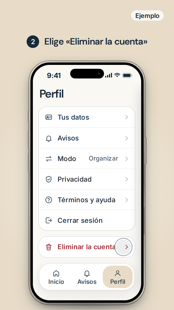 Paso 2, ejemplo de la app: tu perfil, con la lista abajo de todo y el toque en Eliminar la cuenta.