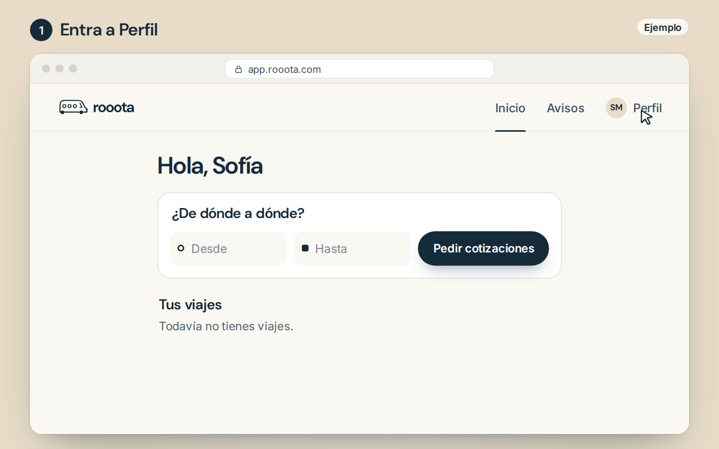 Paso 1, ejemplo de la web en app.rooota.com: Inicio, con el cursor en Perfil, arriba a la derecha.