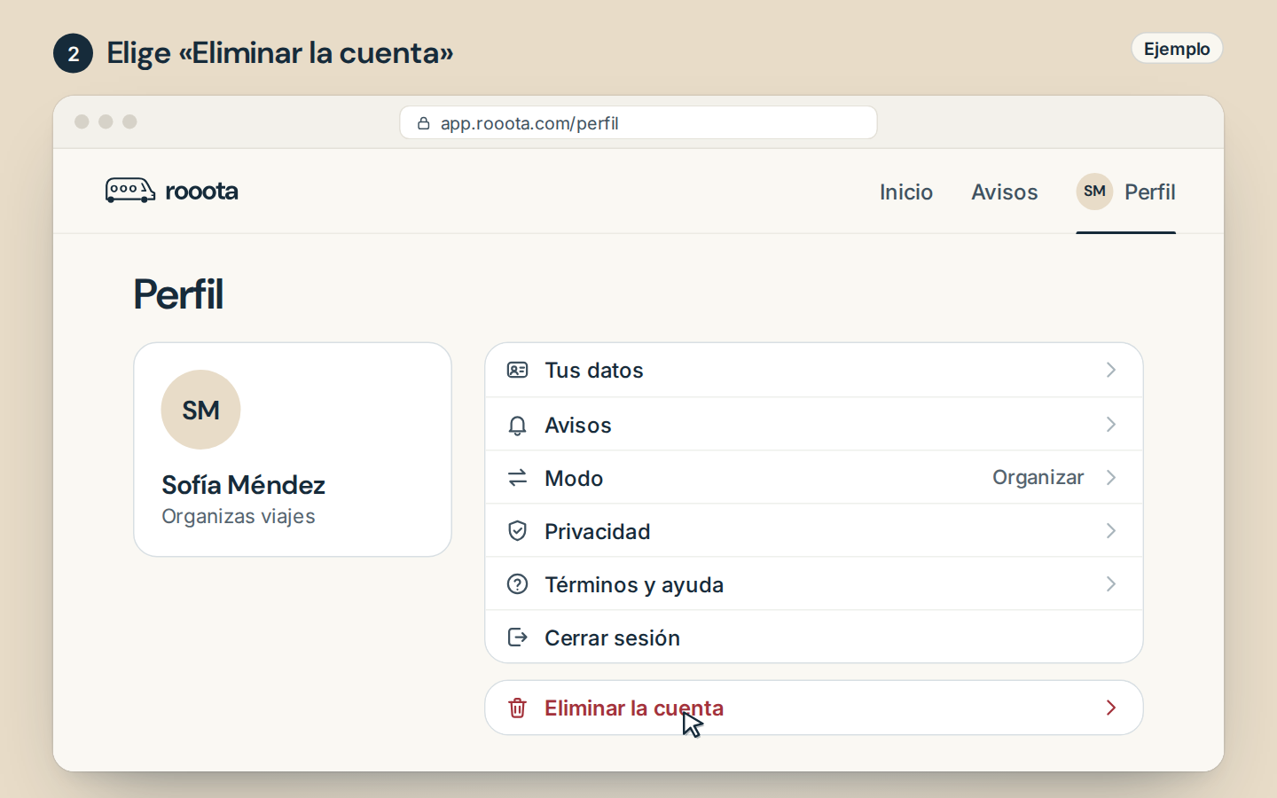 Paso 2, ejemplo de la web: tu perfil, con el cursor en Eliminar la cuenta, al final de la lista.