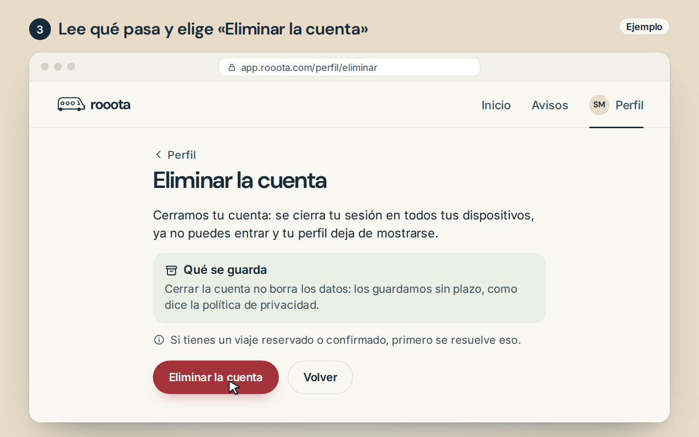 Paso 3, ejemplo de la web: la página Eliminar la cuenta, que dice que se cierra tu sesión en todos tus dispositivos y que los datos se guardan sin plazo, con el cursor en el botón Eliminar la cuenta.