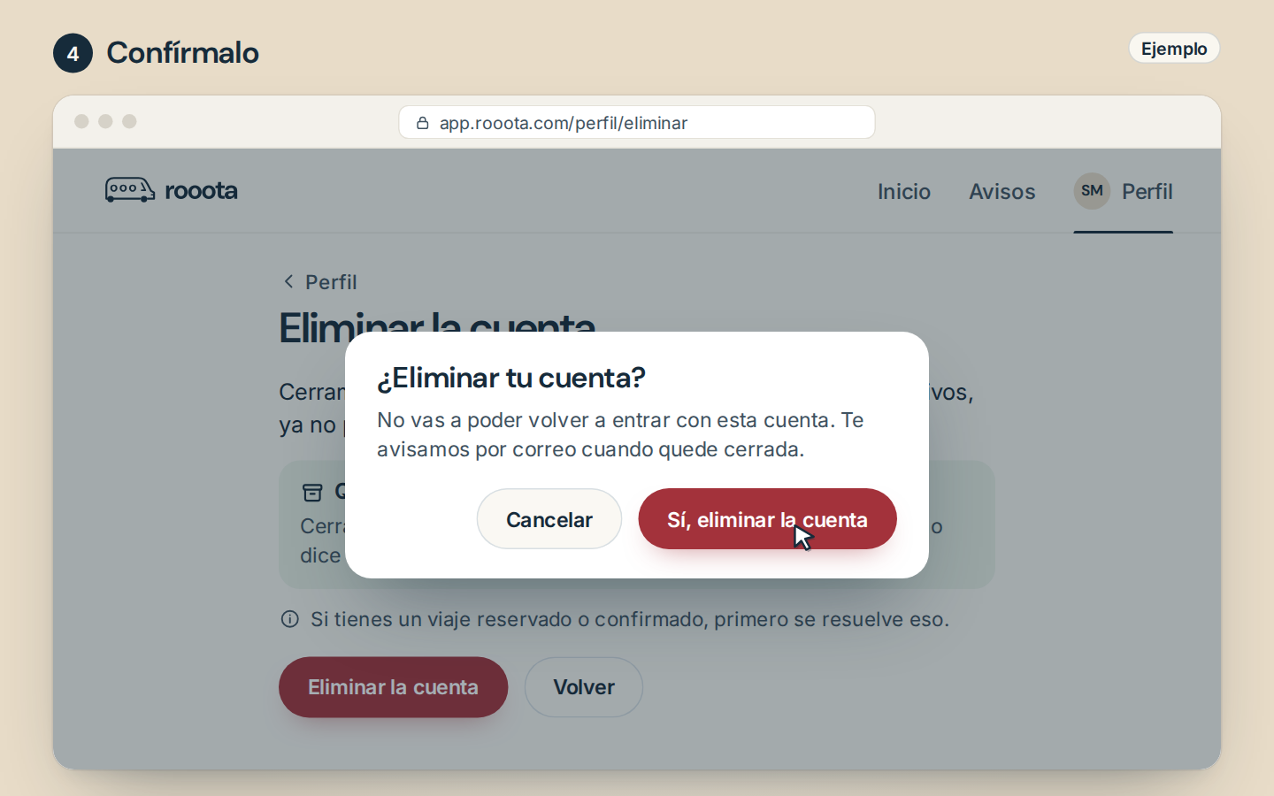 Paso 4, ejemplo de la web: la confirmación «¿Eliminar tu cuenta?», con el cursor en Sí, eliminar la cuenta.